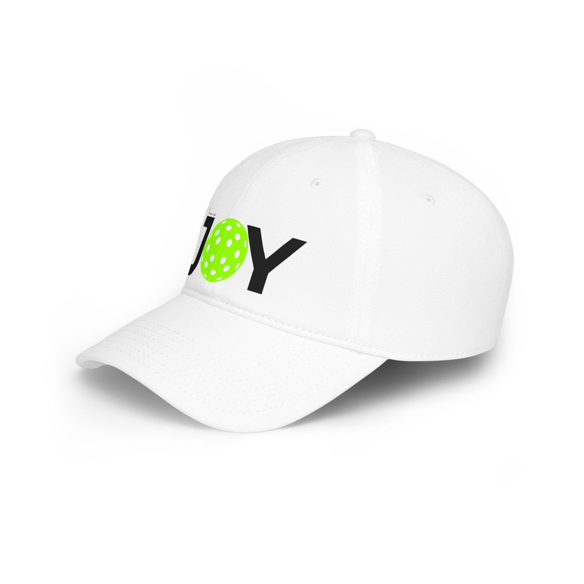 White cap with black text and green logo on a white background
