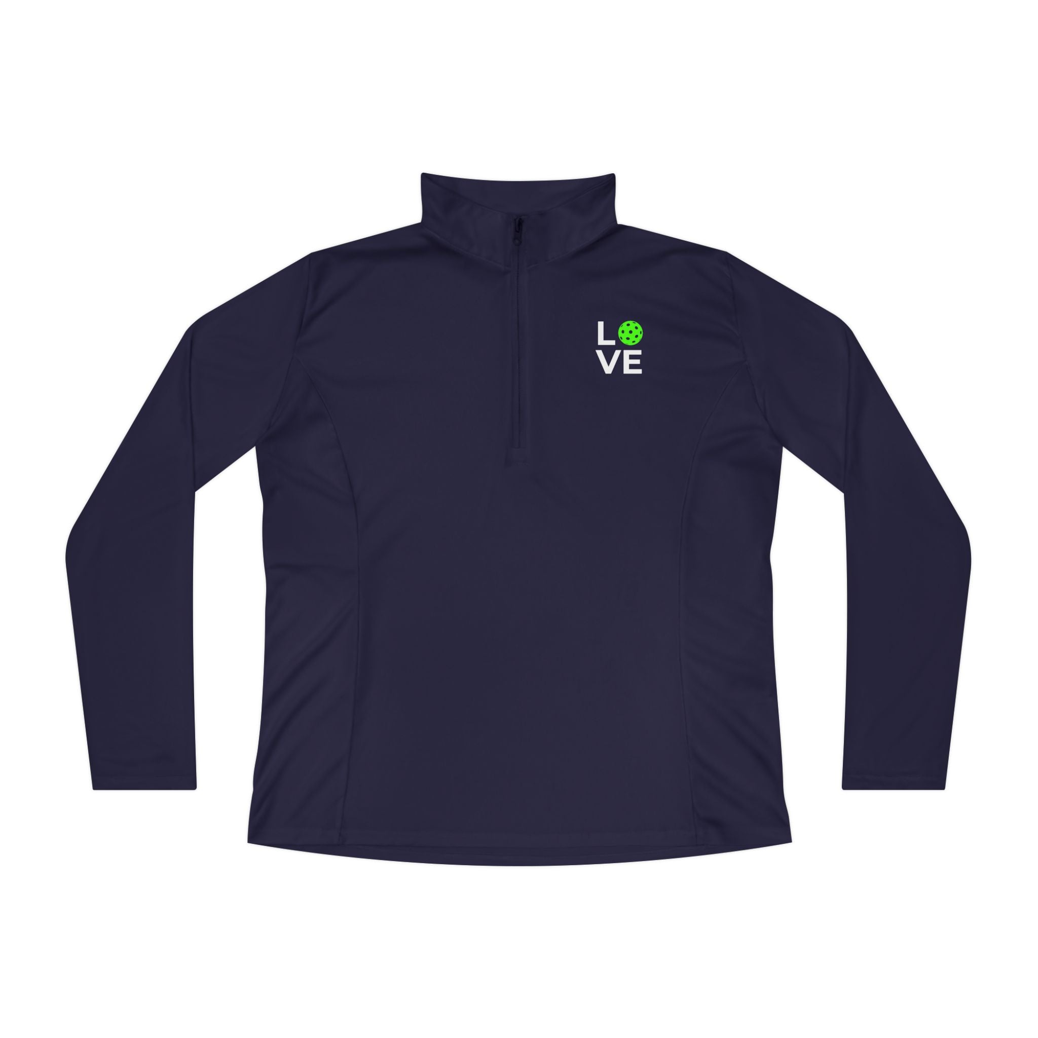 Navy long-sleeve shirt with a green and white logo on a white background
