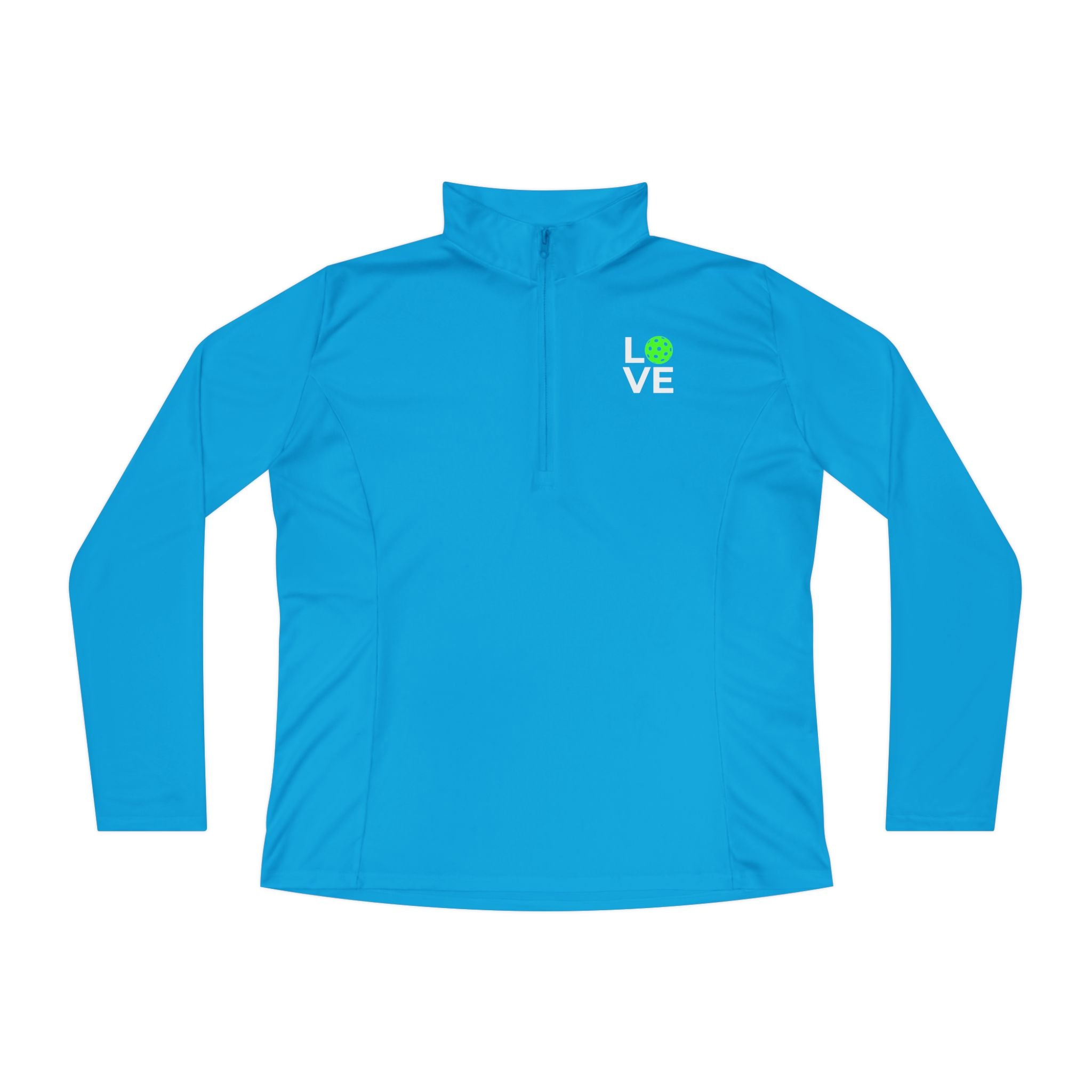 Blue long-sleeve shirt with a green logo on a white background