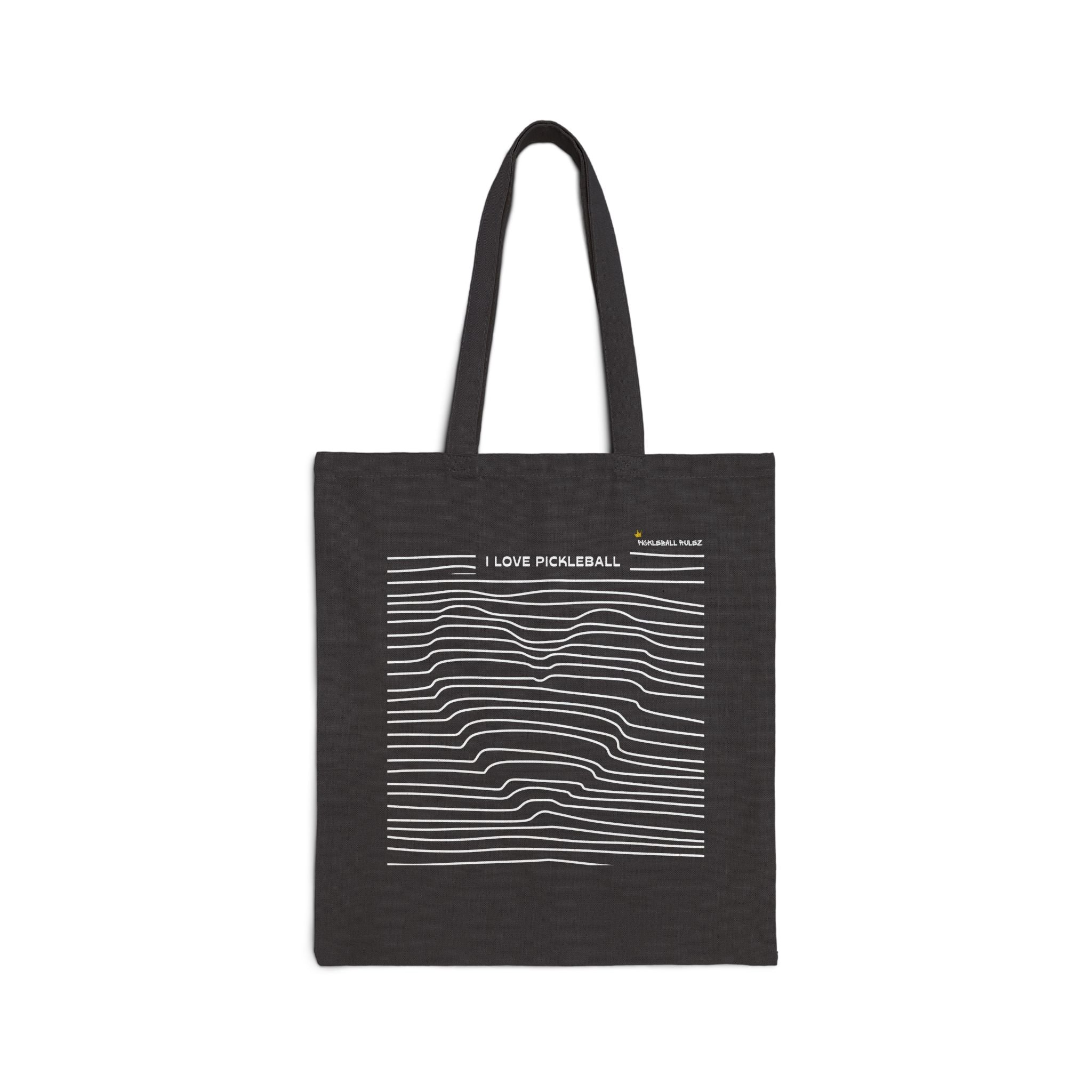 Black tote bag with white design and text on a white background
