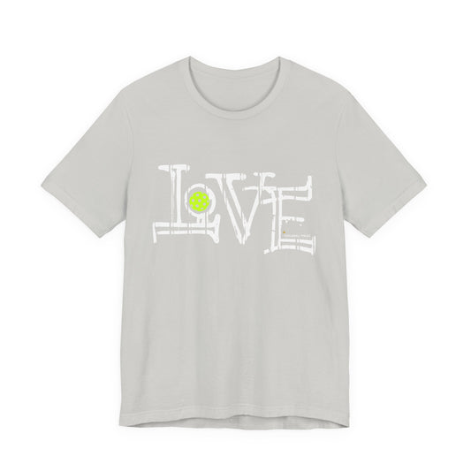 Gray t-shirt with 'LOVE' graphic design on a white background