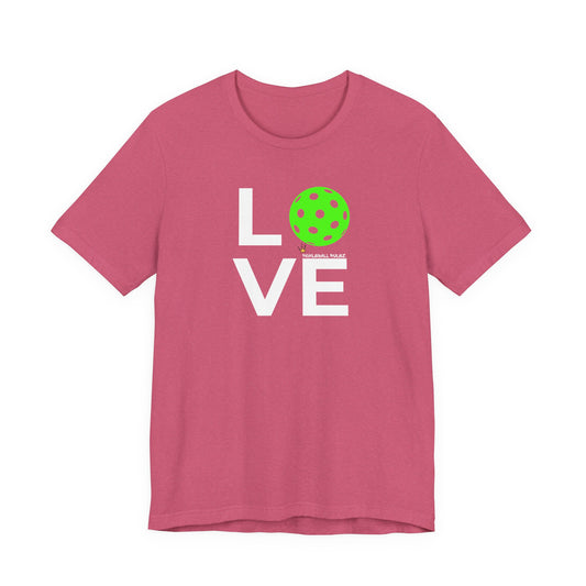Pink t-shirt with 'LOVE' and a green graphic on a white background