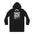 Black hoodie with a graphic design on the back against a white background