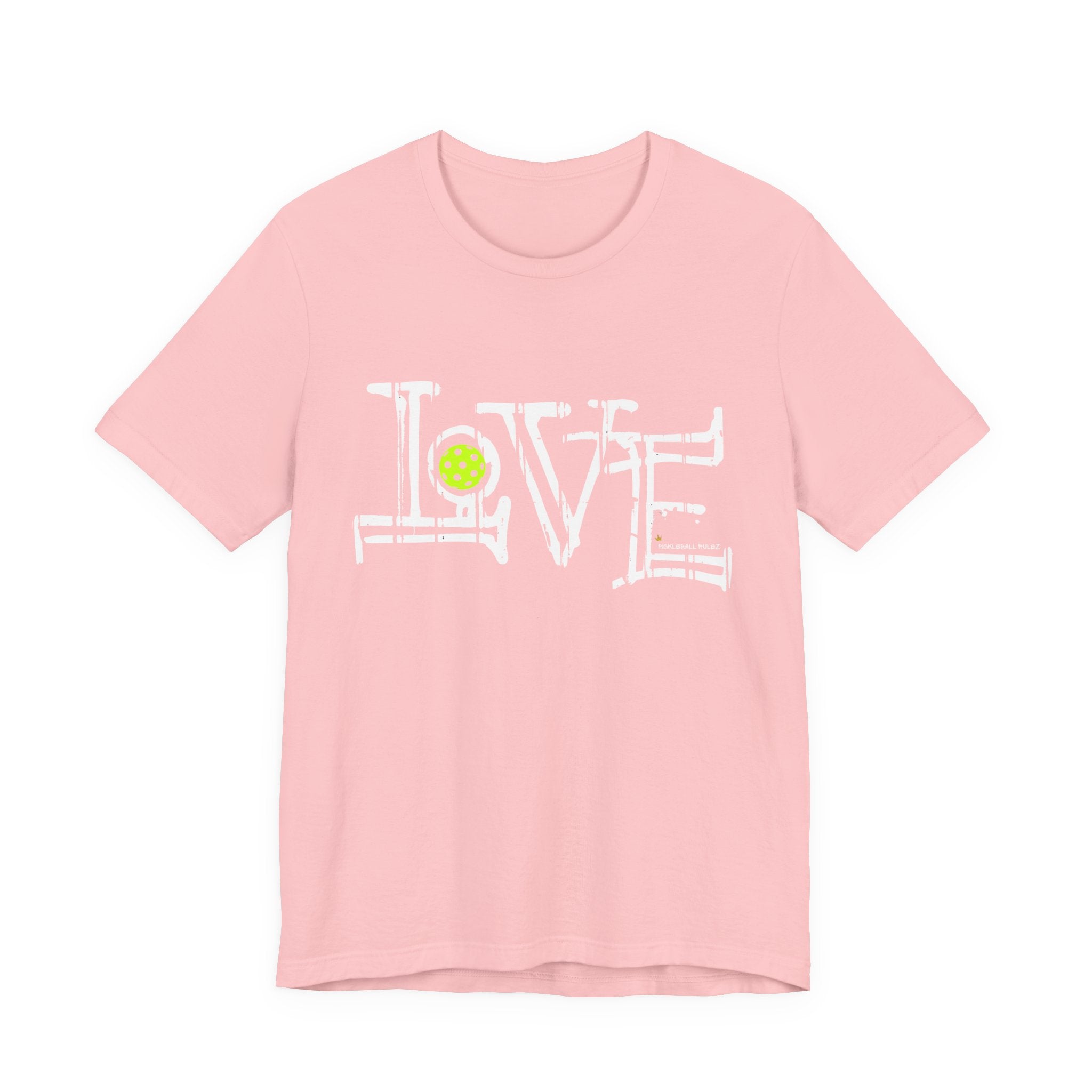 Pink t-shirt with 'LOVE' graphic design on a white background
