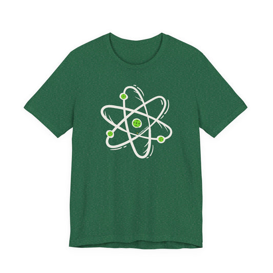 Green t-shirt with an atom design on a white background