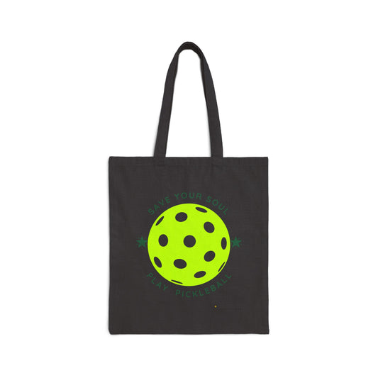 Black tote bag with a green pickleball design on a white background