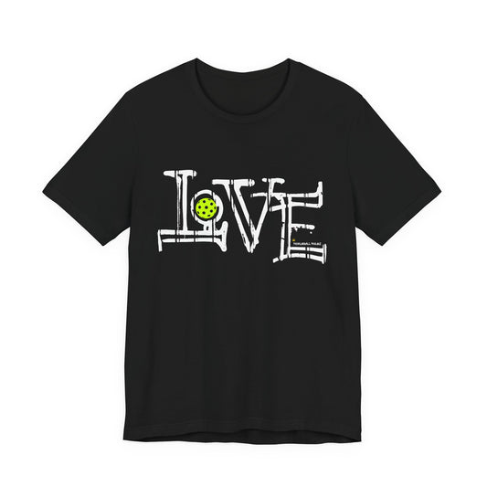 Black t-shirt with 'LOVE' graphic design on a white background