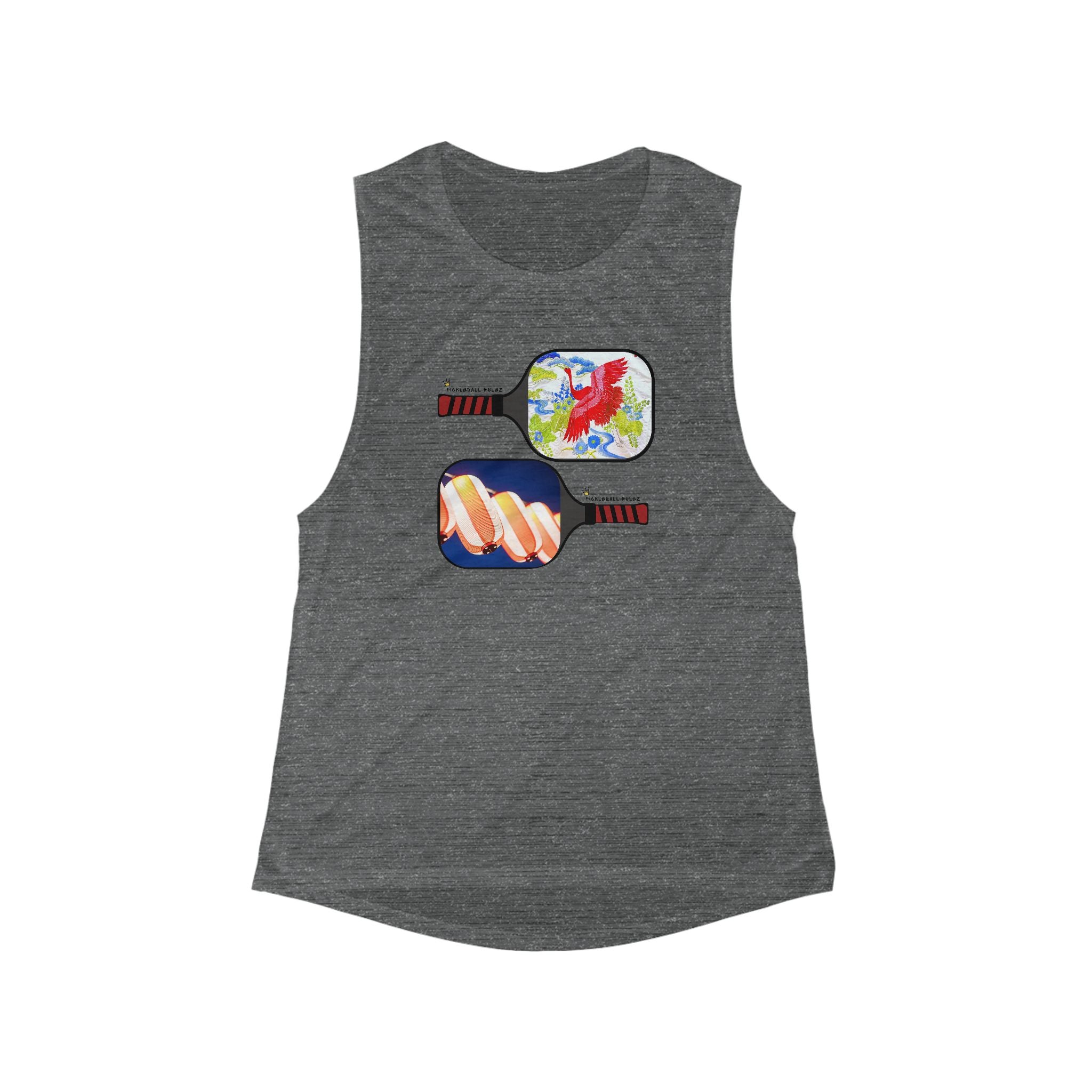 Gray tank top with colorful paddle designs on a white background