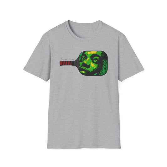 Gray t-shirt with a graphic of a paddle and face design on a white background