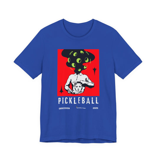 Blue t-shirt with pickleball graphic design on a white background