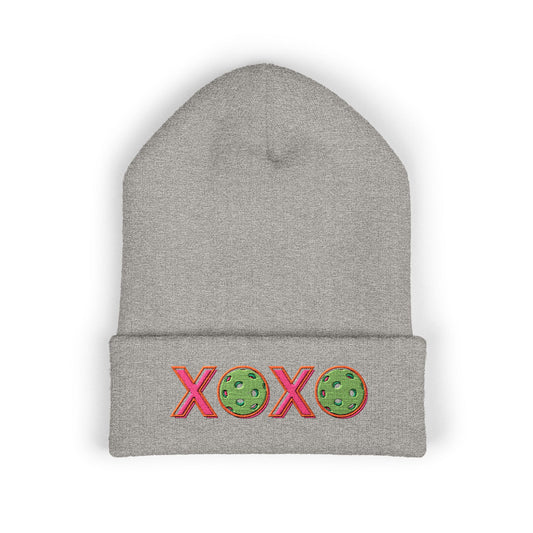 Gray beanie with 'XOXO' design on a white background