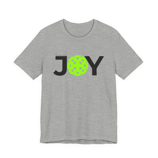 Gray t-shirt with 'JOY' printed on it, featuring a green circle replacing the 'O'.