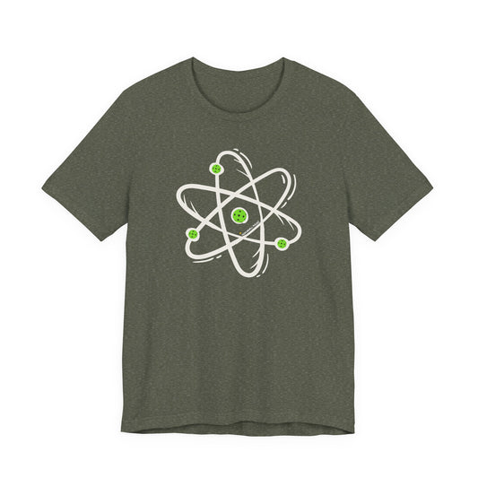 Green t-shirt with an atom design on a white background
