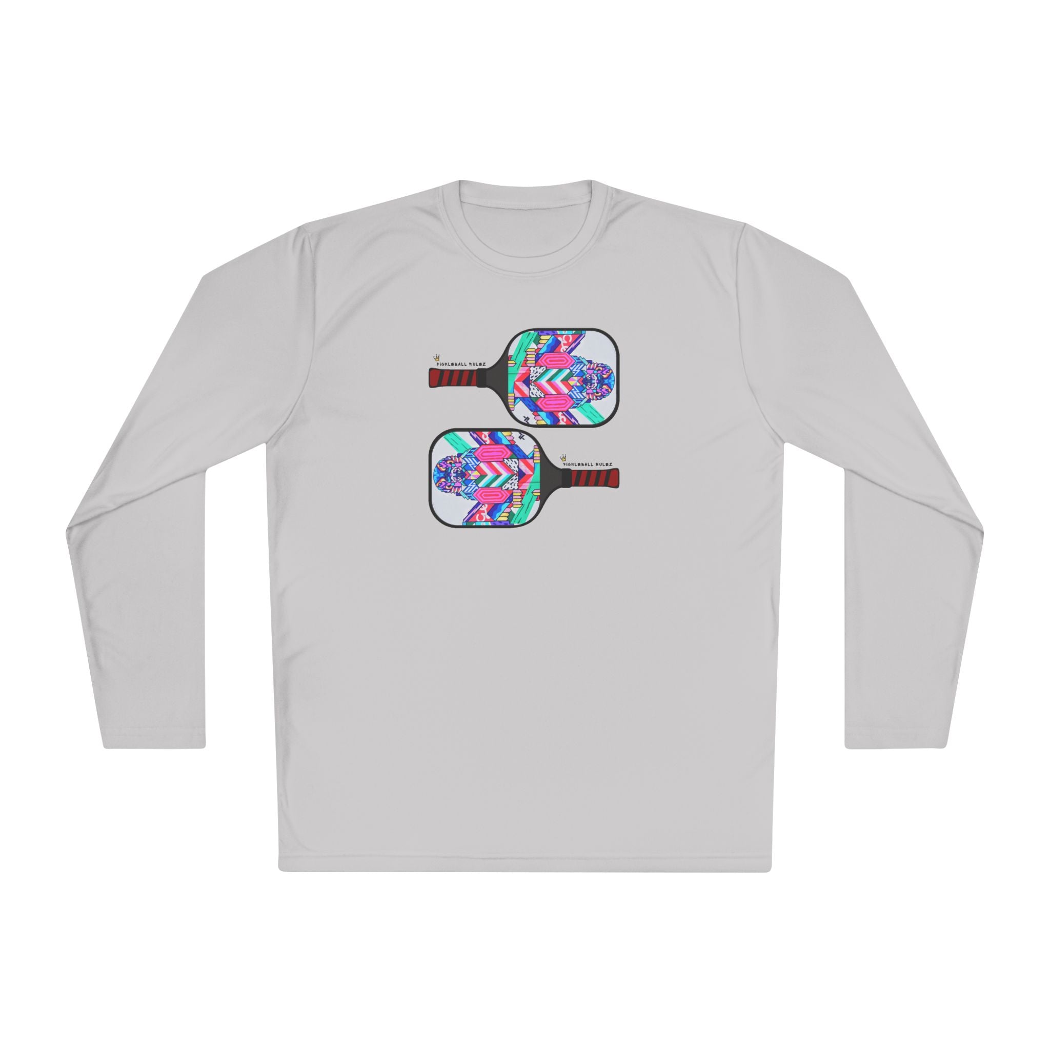 Gray long-sleeve shirt with colorful pickleball paddle design on a white background