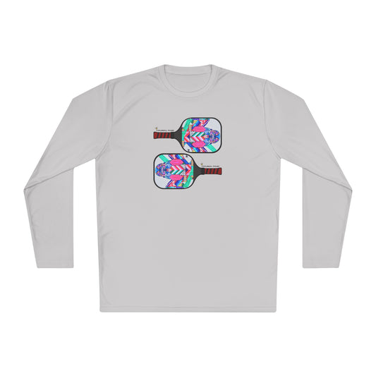 Gray long-sleeve shirt with colorful pickleball paddle design on a white background