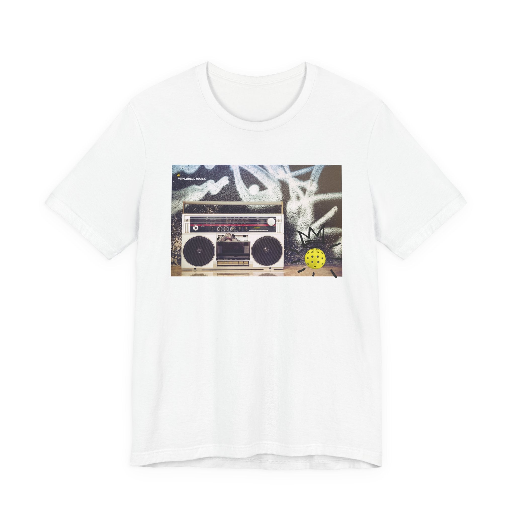 White t-shirt with a graphic of a boombox and crown on a white background