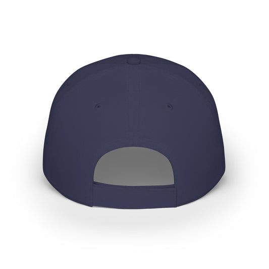 Navy blue baseball cap with a gray patch on a white background