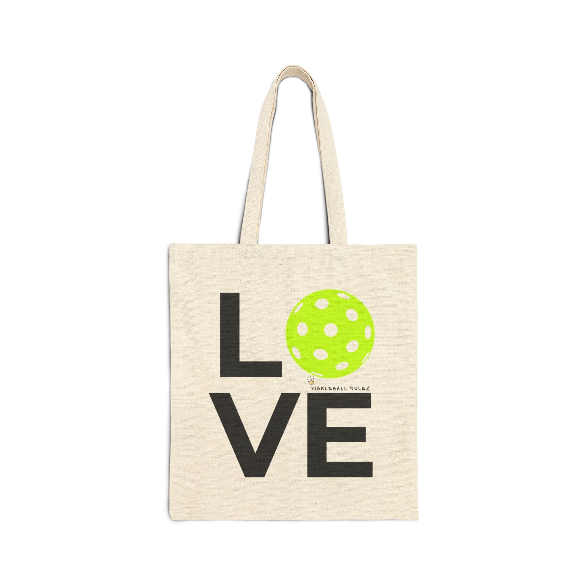 Tote bag with 'LOVE' and a polka dot ball design on a white background