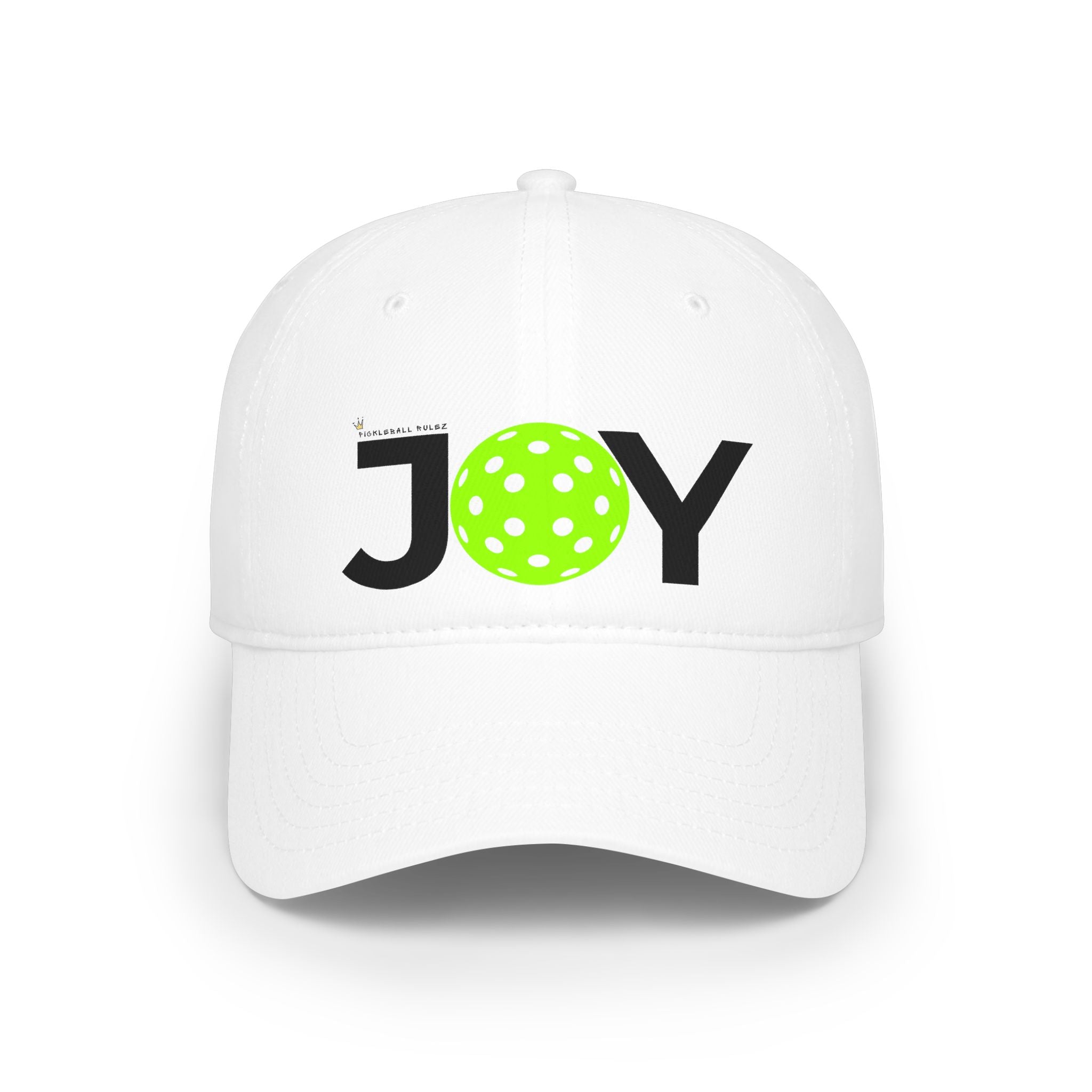 White cap with 'JOY' and a golf ball graphic on a white background