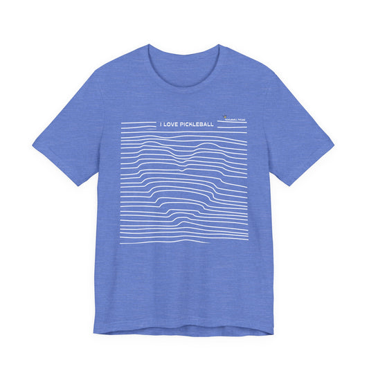 Blue t-shirt with white text and graphics on a white background