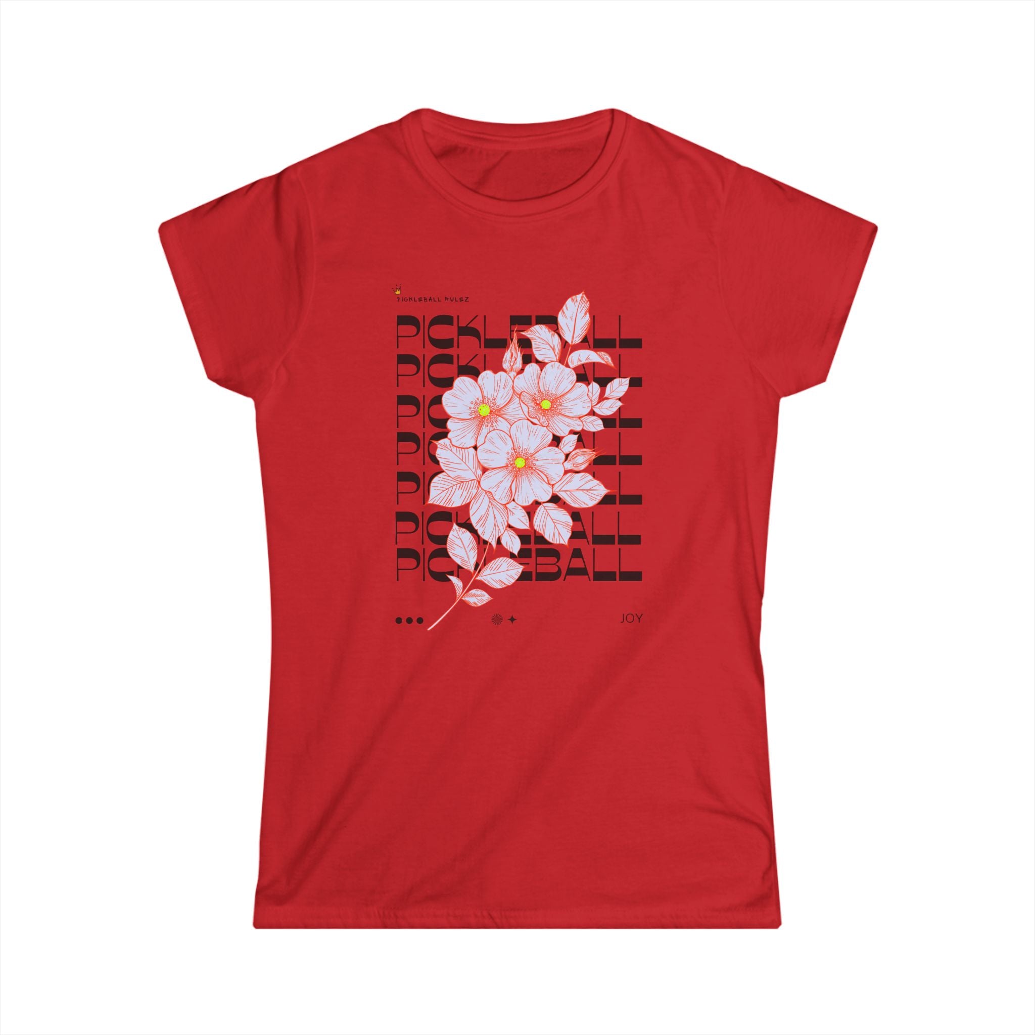 Red t-shirt with floral design and text on a white background