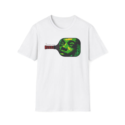 White t-shirt with a graphic of a paddle with a face design on a white background