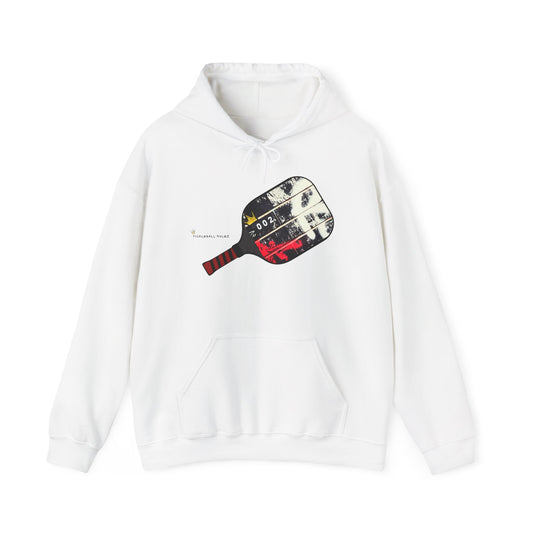 White hoodie with a graphic design on a white background
