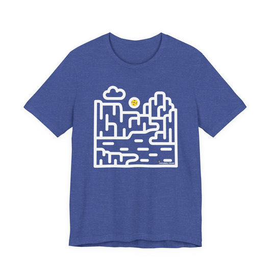 Blue t-shirt with a white graphic design on a white background