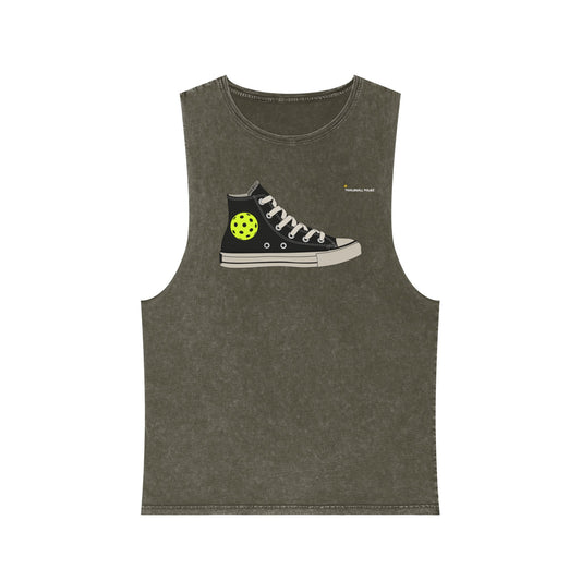 Green tank top with a black sneaker graphic on a white background