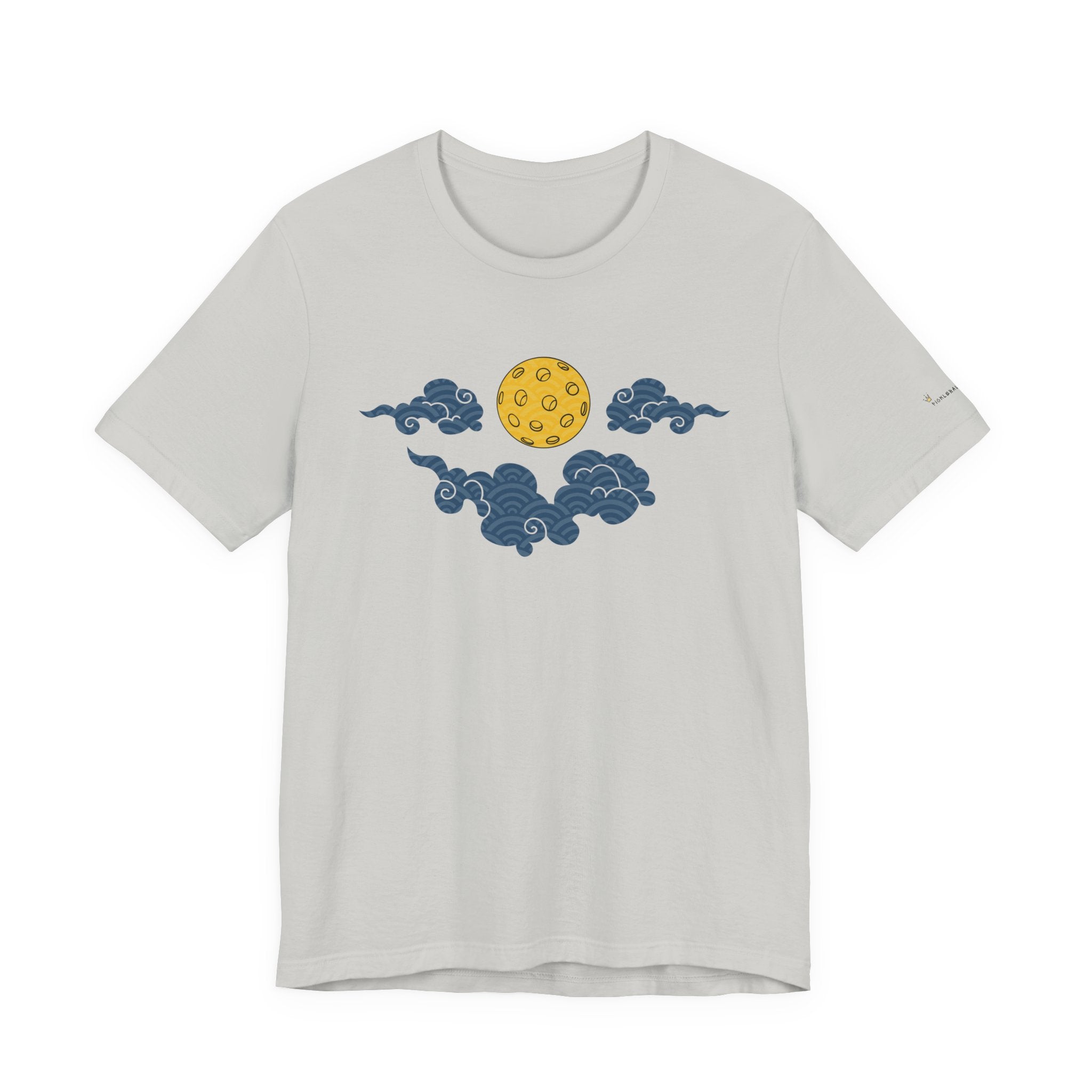 White t-shirt with blue cloud and yellow moon design on a white background