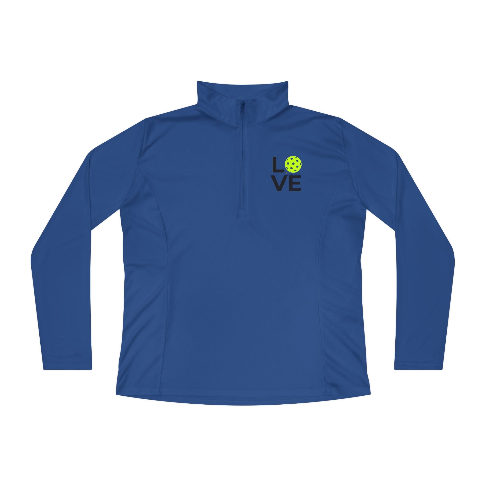 Blue long-sleeve shirt with 'LOVE' and tennis ball design on a white background