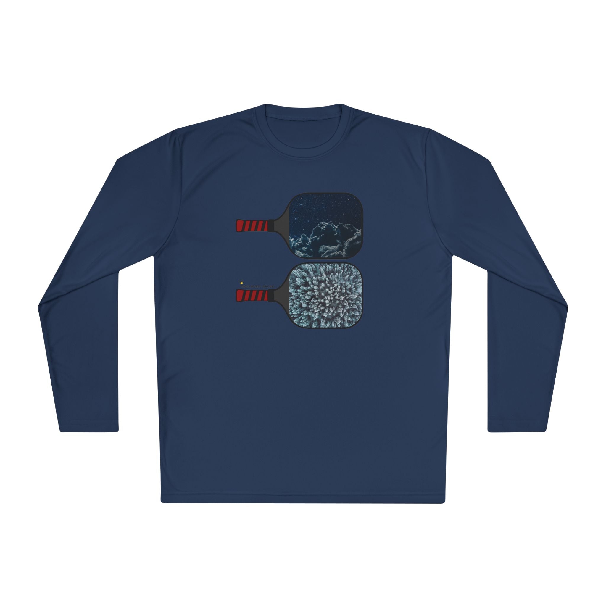 Navy blue long-sleeve shirt with paddle graphic on a white background