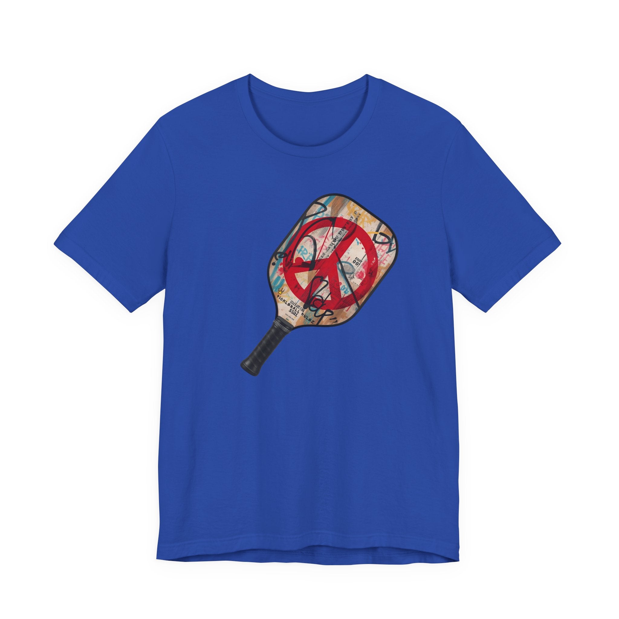 Blue t-shirt with a graphic of a paddle and 'no' symbol on a white background