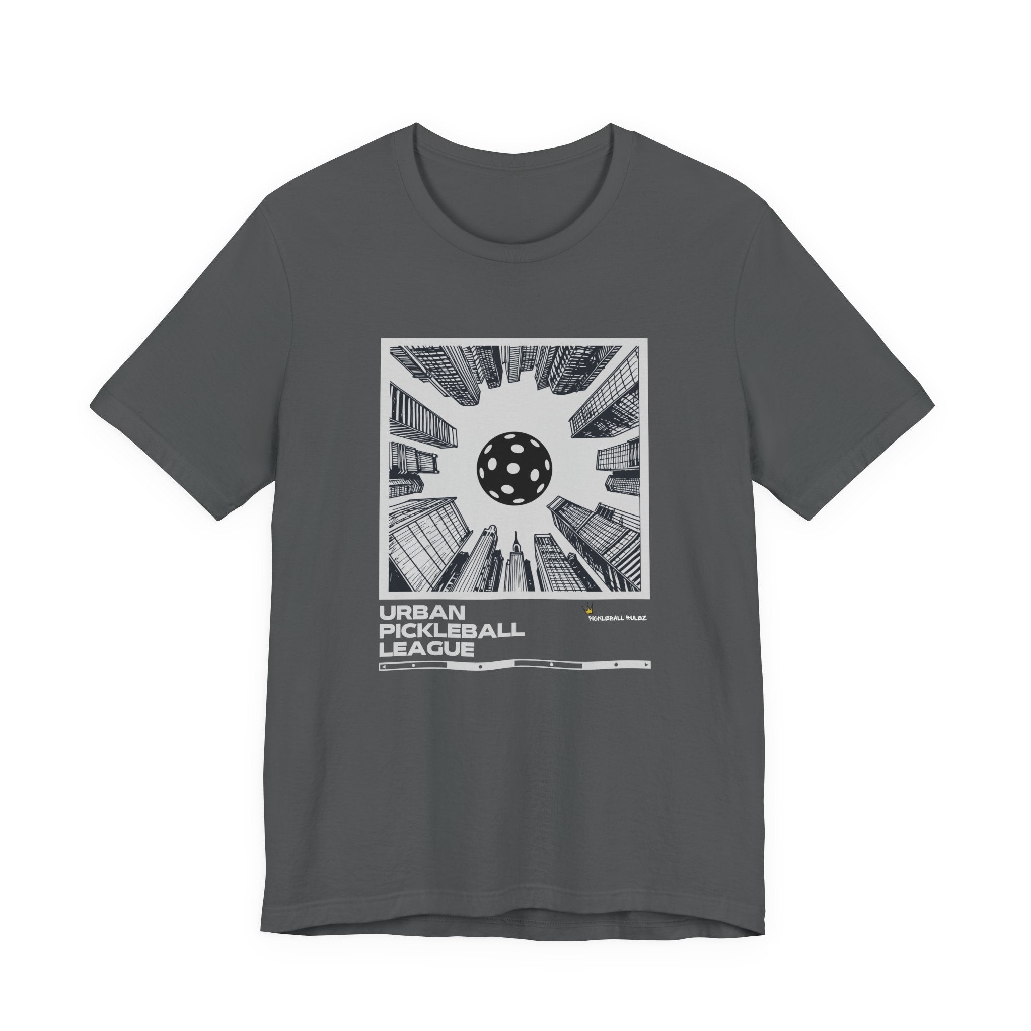 Gray t-shirt with urban pickball league graphic on a white background