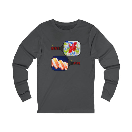 Gray long-sleeve shirt with pickleball paddle design on a white background