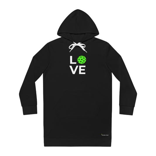 Black hoodie with 'LOVE' and a green heart design on the back against a white background