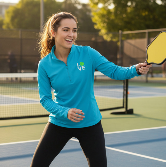 Woman playing pickleball on a court wearing a blue shirt with 'LOVE' printed on it.