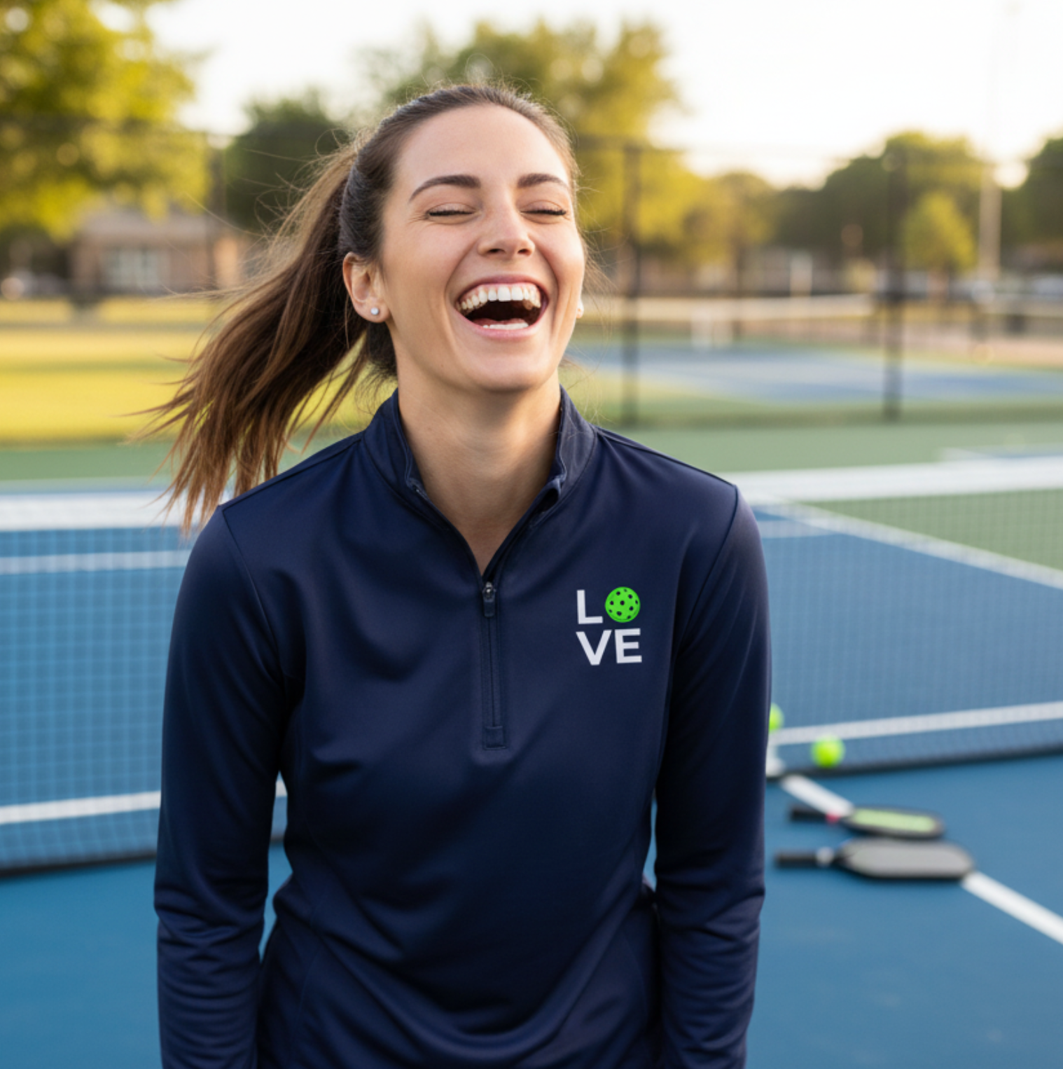 A young woman laughing while standing on a pickleball court and wearing a navy blue quarter zip long sleeve shirt that says love on the left breast area