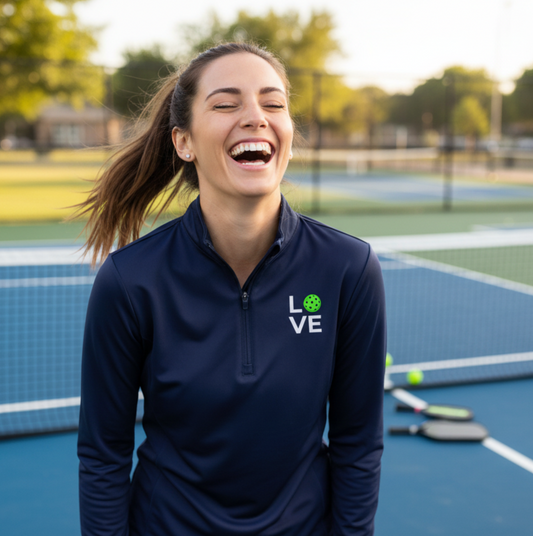 A young woman laughing while standing on a pickleball court and wearing a navy blue quarter zip long sleeve shirt that says love on the left breast area