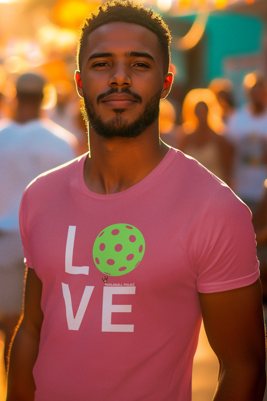 Man wearing a pink t-shirt with 'LOVE' printed on it, standing in a lively street scene.