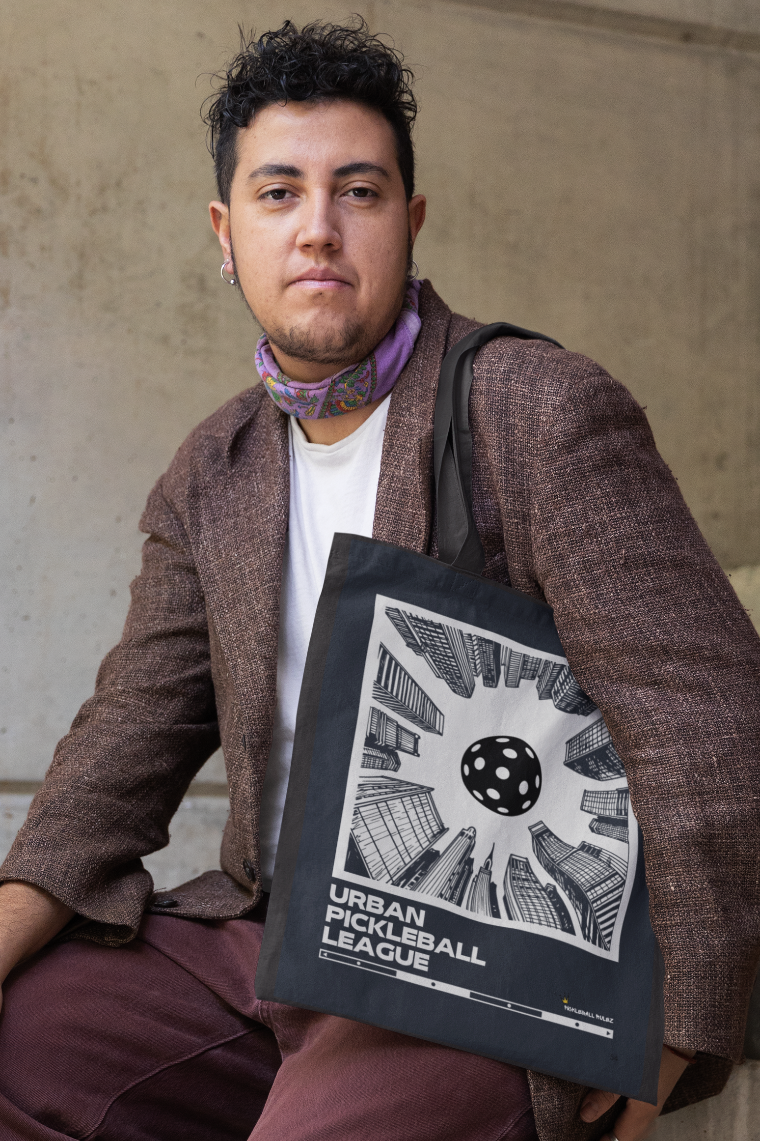 Man holding a 'Urban Basketball League' book against a concrete wall